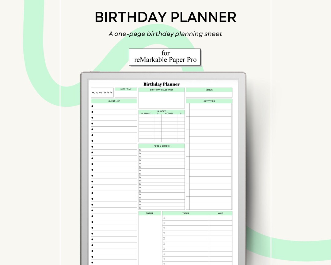 Birthday Planner for Remarkable Paper Pro Single Page Template - Etsy