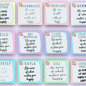May include: A set of 12 colorful printable gift tags with a motivational quote and a name on each tag. The quote is "Do more of what makes you happy".