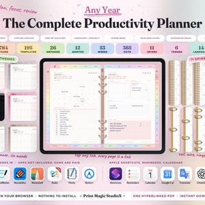 May include: A digital productivity planner displayed on a tablet screen, featuring 784 pages, 195 templates, and 14 languages. The interface includes hyperlinked tabs, various spine styles, and compatibility icons for apps like GoodNotes and Notability.