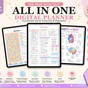 May include: A digital planner featuring 100 plus templates, Apple shortcut integration, and 600 plus pages. The interface displays daily planning, habit tracking, and anatomical diagrams. Includes 150 covers, 5000 plus stickers, and hyperlinks.