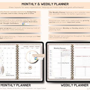 May include: A digital planner with monthly and weekly layouts. The monthly planner includes sections for budgeting, reviews, and notes. The weekly planner features a mini calendar view and a habit tracker. The planner is designed for easy organization.