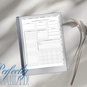 May include: A printable accommodation planner with sections for dates, where, to pack, don't forget, weather, and accommodation. The planner is displayed on a tablet computer.