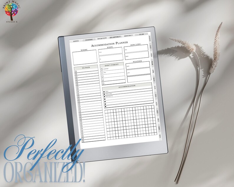 May include: A printable accommodation planner with sections for dates, where, to pack, don't forget, weather, and accommodation. The planner is displayed on a tablet computer.