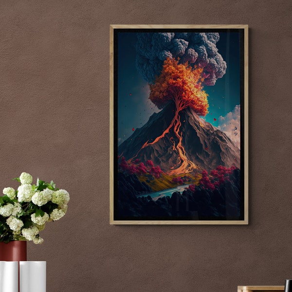 Volcano Tree AI Art | Colorful Surreal Art | Erupting Volcano| Digital Download, Printable Wall Art, Downloadable Print, AI Generated Art