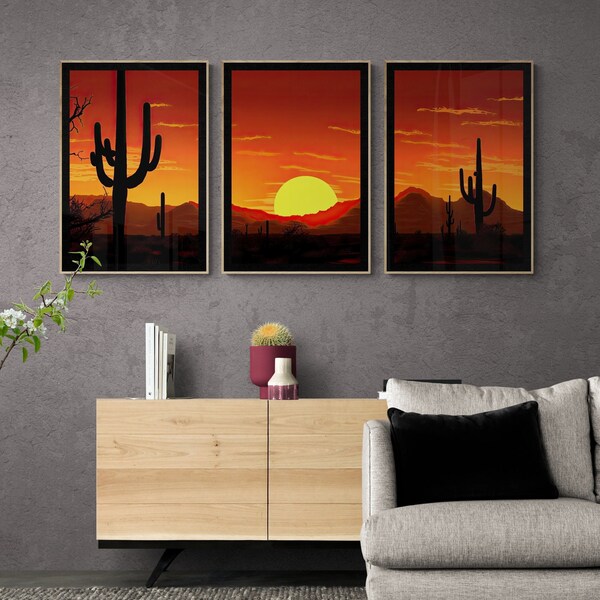 Desert Southwest AI Art Set of 3 | Desert Sunset with Cactus | Digital Download, Printable Wall Art, Downloadable Print, AI Generated Art