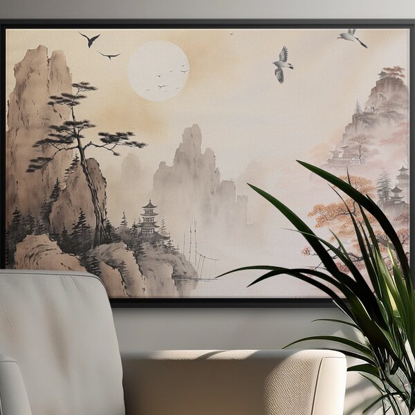 Asiatisch inspirierte Landschaftskunst, Orientalische Berglandschaft, druckbare Wandkunst, japanische Ästhetik, Dekor im Vintage-Stil, digitaler Download