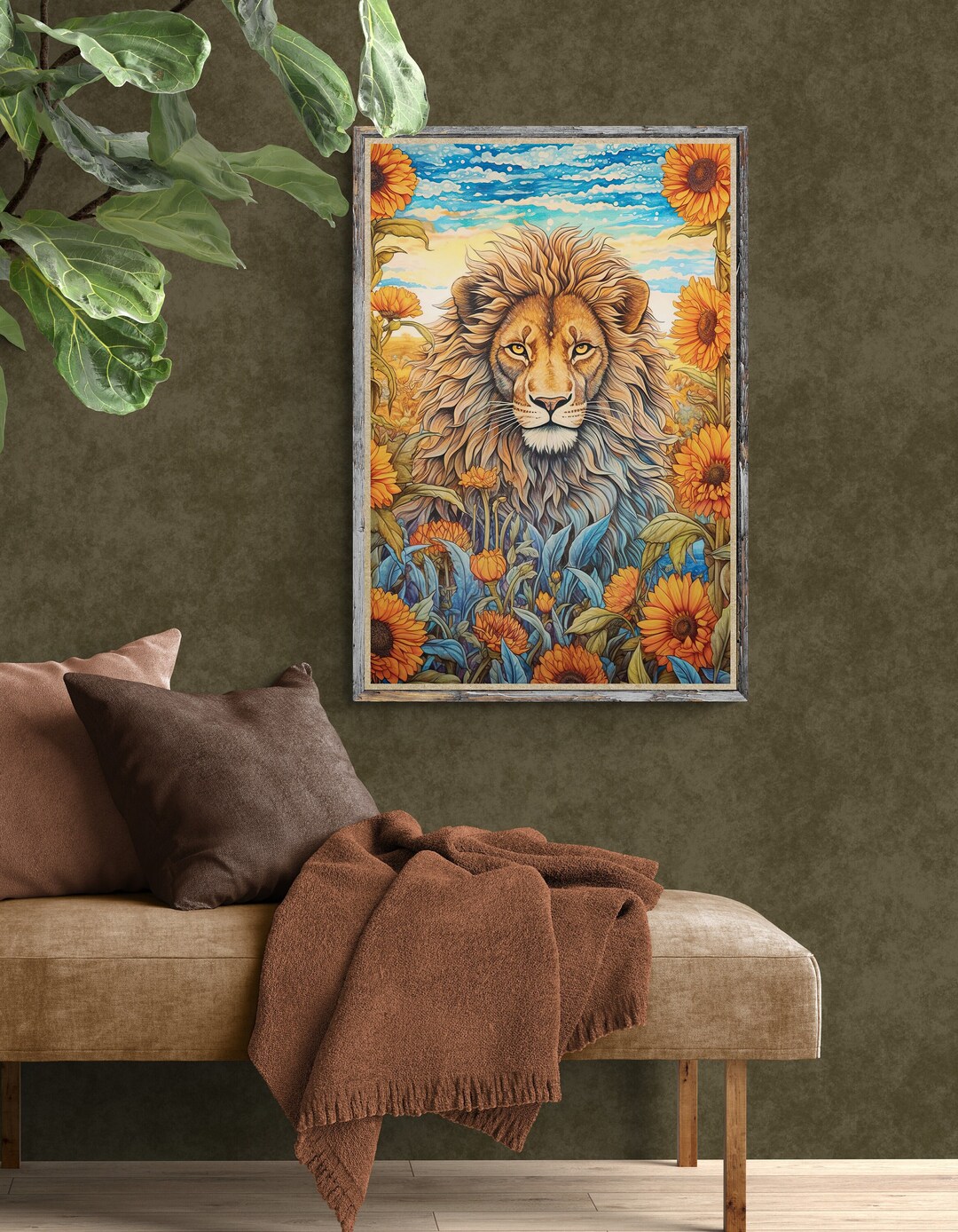 Regal Lion With Sunflowers Art Print Wildlife Art Aigenerated Art