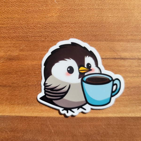 Cute Chickadee With Coffee Vinyl Sticker | Water Bottle Sticker | Laptop Sticker | Waterproof Sticker | Bird Coffee Sticker | Kawaii Sticker