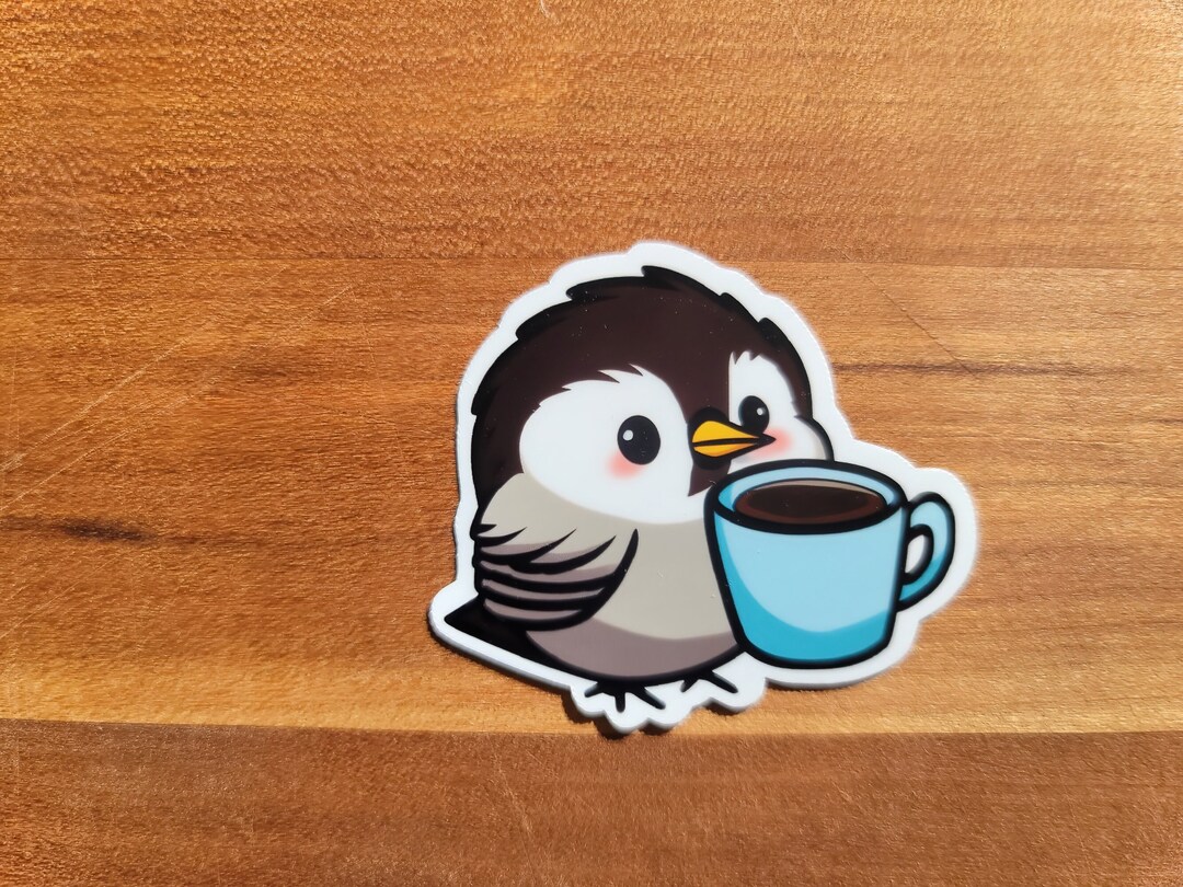 Cute Chickadee With Coffee Vinyl Sticker | Water Bottle Sticker ...