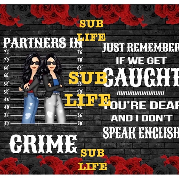 Partners In Crime | Friendship | Black Haired Girls | 20oz Tumbler Wrap | Sublimation Designs, Digital Downloads | PNG