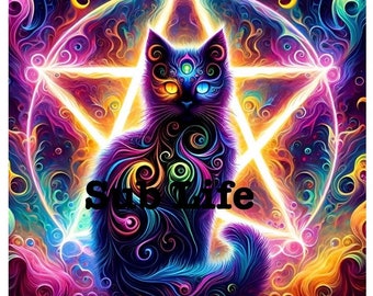 Neon Pentagramm Katze | Schwarze Katze | Wiccas | Hexen | 20 Unzen Tumbler Wrap | Sublimations-Designs, Digitale Downloads | PNG