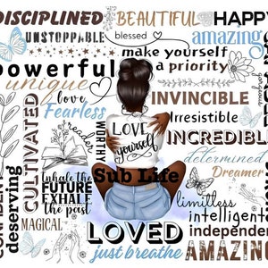 Pode incluir: Uma ilustração mostra uma mulher de cabelo escuro em calções de ganga e uma camisa branca com "Love Yourself" a abraçar-se. A imagem é preenchida com palavras positivas como "Incrível" e "Poderosa", juntamente com motivos de borboletas e flores.