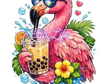 Flamingo Drinking Boba | Birds | Sublimation Designs, Digital Downloads | PNG