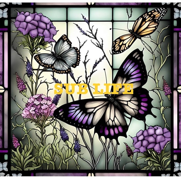Stained Glass Purple Butterfly | 20oz Tumbler Wrap | Sublimation Designs, Digital Downloads | PNG