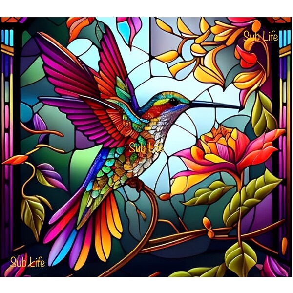 Stained Glass Hummingbird | 20oz Tumbler Wrap | Sublimation Designs, Digital Downloads | PNG