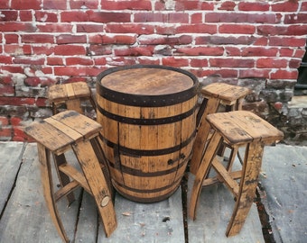 Oak Barrel Cabinet Set + Oak Bar Stools