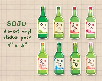 Korean Soju Bottle Die-Cut Stickers | Water-Resistant, Laminated, Vinyl Die-Cut | Easy Peel Sticker Pack | 8 Flavor Options