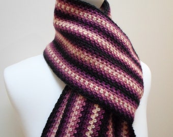 Crochet scarf: handmade tasselled scarf in purple and cream ombre stripes