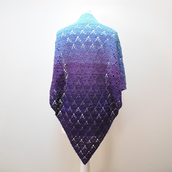 Crochet shawl: handmade triangle wrap in a turquoise to purple ombre gradient, pure cotton shawl