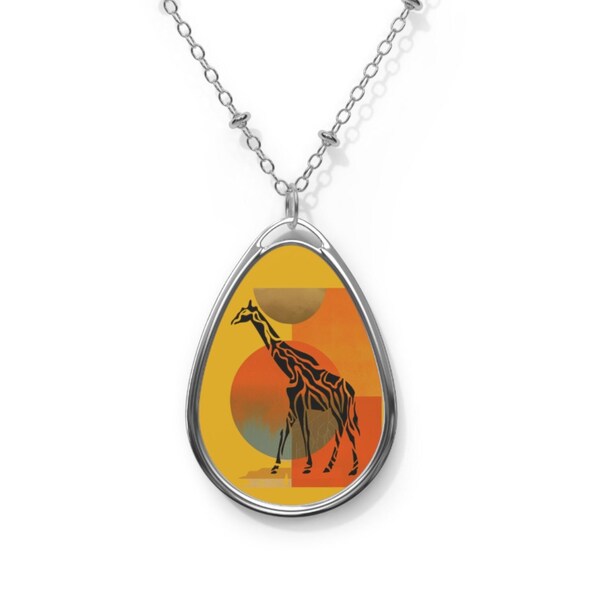 Eye Catching Safari Giraffe Oval Necklace 20 inch chain Ellipse Pendant for Giraffe Lover's Great Summer African Jewelry Gift for Birthday