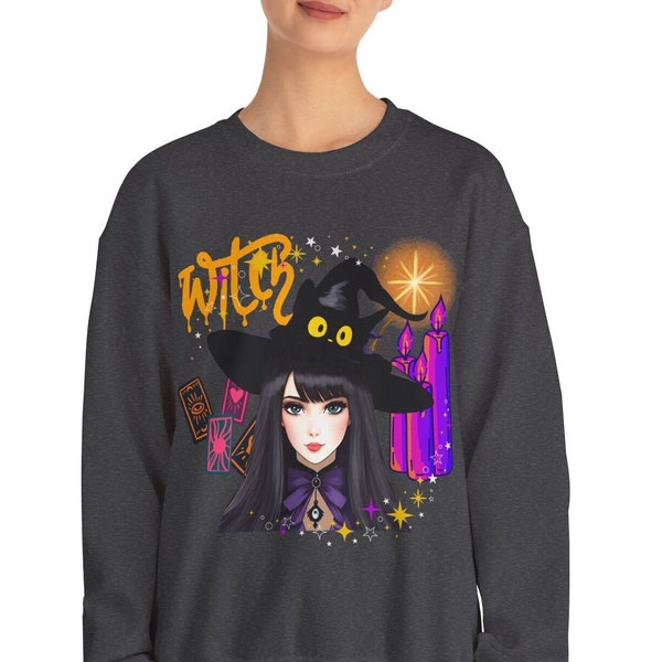 Magical Women's Cute Witch Sweatshirt Anime Mystic Tarot Halloween Witch Gildan 18000 Sweatshirt Unisex Heavy Blend™ Crewneck Nice Teen Gift