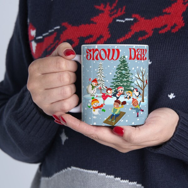 Snow Day Mug Cocoa Coffee Tea Ceramic 11oz Fun Kids Playing Sledding Snowballs Snow Penguins Cup Winter Gift Christmas Cozy by the Fire Mug