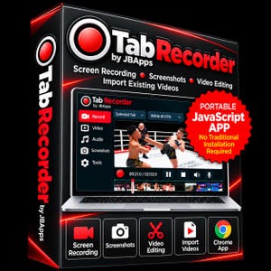 May include: A black product box for Tab Recorder by JBApps software, featuring a laptop screen displaying a martial arts match. The box highlights screen recording, screenshots, video editing, and import features with a red starburst label.
