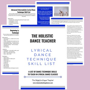 May include: A multi-page document titled "The Holistic Dance Teacher Lyrical Dance Technique Skill List." The document includes lists of dance techniques for beginner and advanced levels, with text and a photo of dancers.