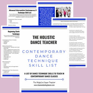 Puede incluir: Una lista de habilidades de técnica de danza contemporánea para profesores de danza. El documento incluye secciones sobre técnicas avanzadas-intermedias, técnicas de conte para principiantes y conceptos básicos de ballet/jazz. El título es "The Holistic Dance Teacher: Contemporary Dance Technique Skill List."
