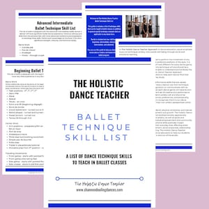 Könnte beinhalten: Eine Ballettttechnik-Fähigkeitsliste mit dem Titel "The Holistic Dance Teacher" mit blauem und schwarzem Text. Die Liste umfasst Stangenarbeit, Centerarbeit und Reisbewegungen. Das Dokument befindet sich auf einem rosa Hintergrund.