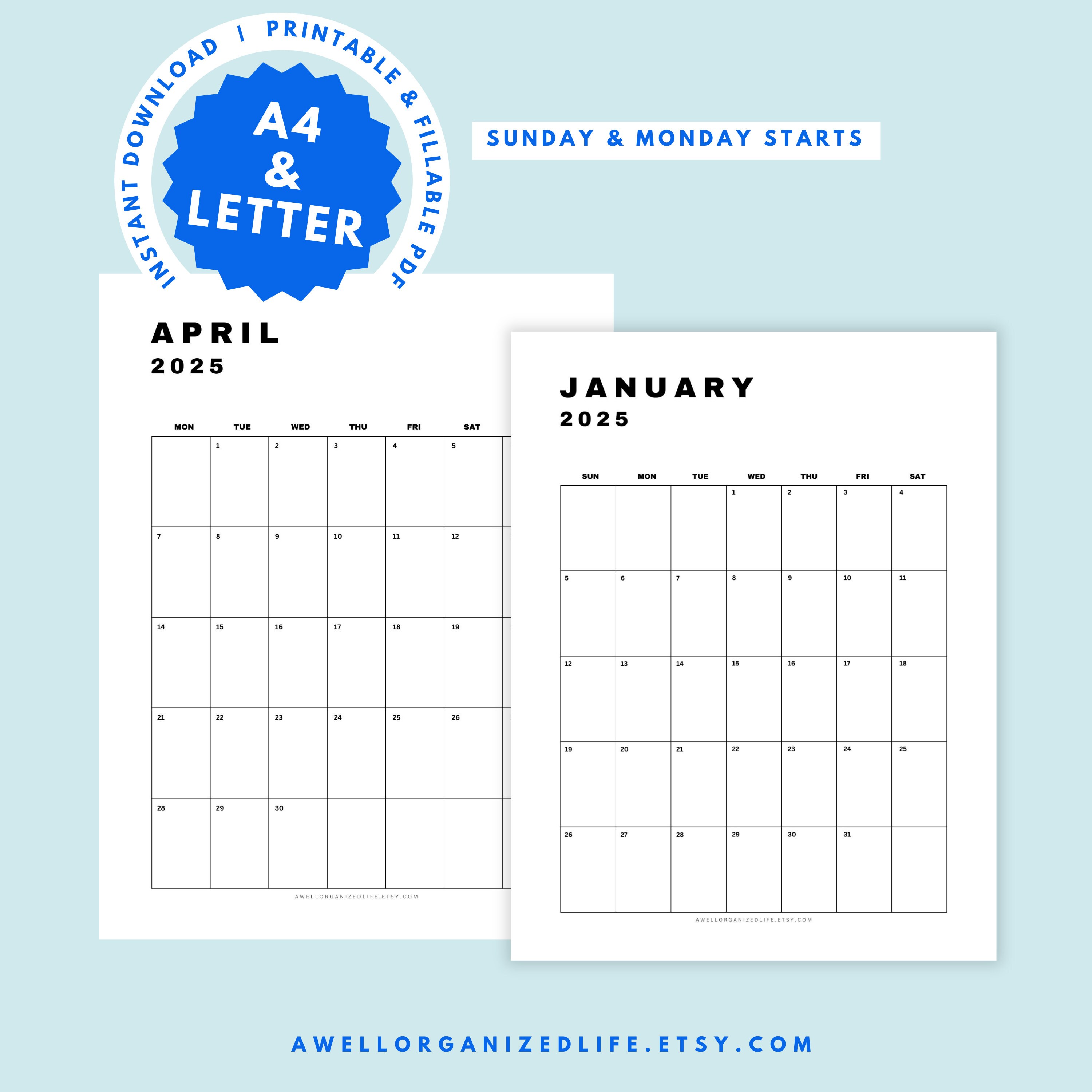 2025 Monthly Calendar Printable & Fillable, Minimalist Calendar, Year ...