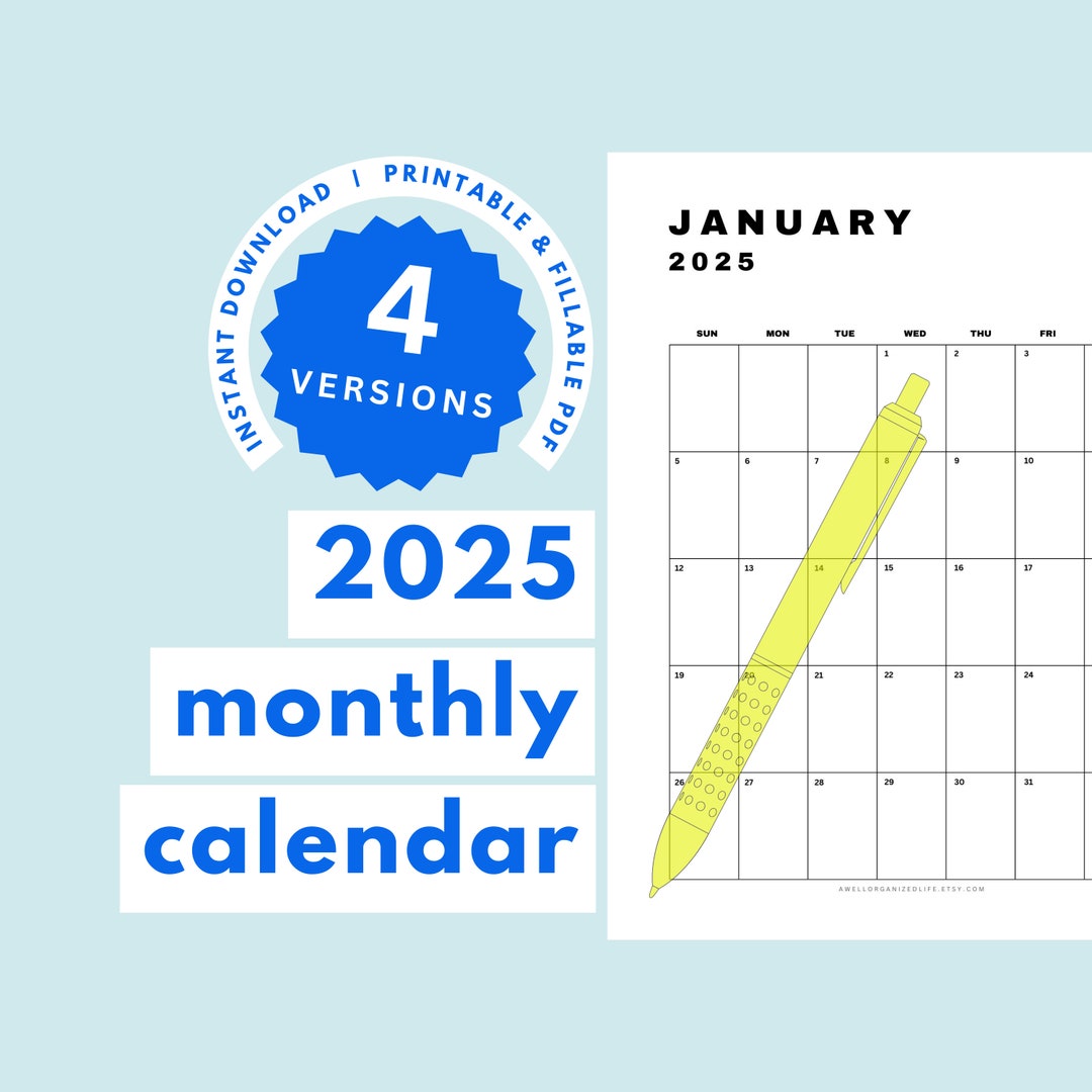 2025 Monthly Calendar Printable & Fillable, Minimalist Calendar, Year ...