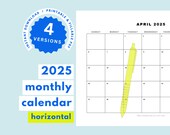 2025 Monthly Calendar Horizontal Printable & Fillable, Minimalist Calendar, Year Calendar Template, Desk Calendar, Instant Download PDF