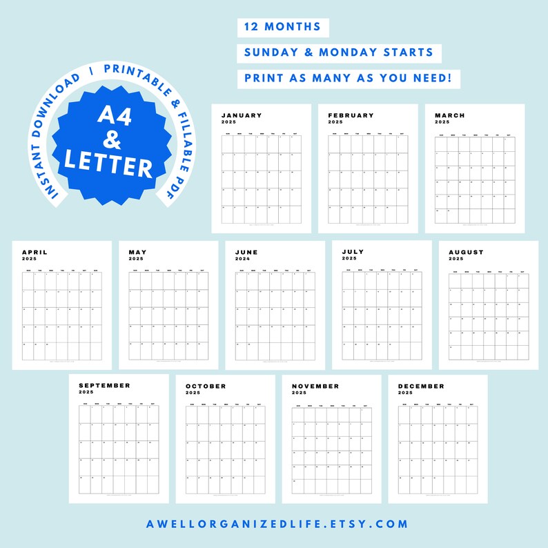 2025 Monthly Calendar Printable & Fillable, Minimalist Calendar, Year Calendar Template, Desk