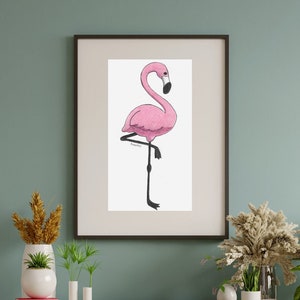 Handgezeichnete rosa und schwarze Flamingo Wandkunst digitaler Download Tropisches Kunstwerk, perfektes Geschenk für Flamingo-, Vogel- oder Tierliebhaber