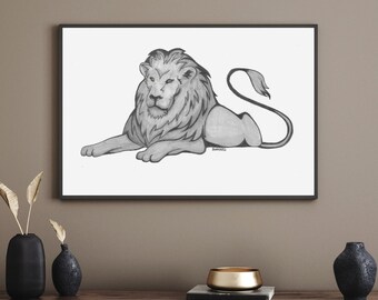 Black and White Golden Eyed Lion portrait hand drawn landscape animal art big cat pencil drawing print wall art canvas African Lion DIY lion
