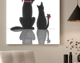 Black and white drawing of a dog and cat watching the full moon in the sky