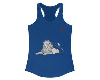 Women&#39;s Ideal Racerback Tank with Lion in blakc and white hand drawn design perfect summer time shirt 15 color options