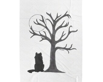 Velveteen Plush Blanket of a homemade drawing of a dog under a tree in the full moon light
