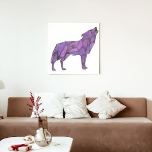 May include: Purple geometric wolf howling, drawn in pencil and colored with purple shades. The wolf is facing right and is outlined in black.