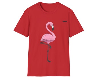 Unisex Softstyle T-Shirt mit handgezeichnetem rosa Flamingo, tropisches Kunstwerk, perfektes Geschenk für Flamingo-, Vogel- oder Tierliebhaber