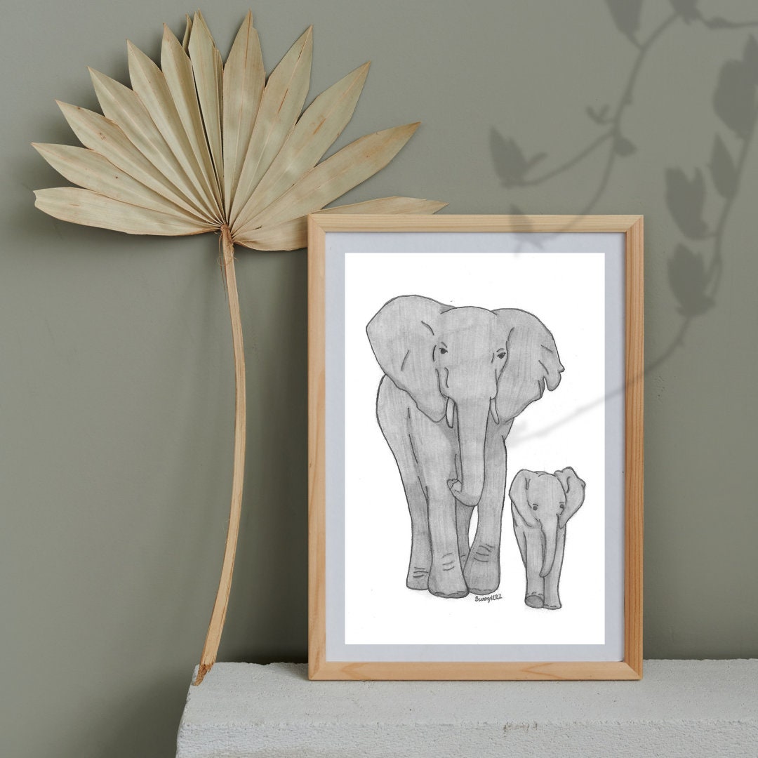 Black and White Elephant portrait hand drawn modern minimalist African Wall Art Animal Portrait Grey Scale art