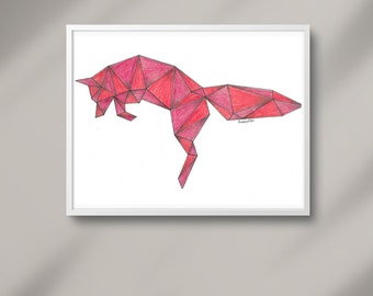 3D Unique Fox Hand Drawn Red digital download print wall art animal portrait gift idea