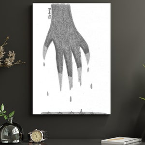 Black and white of an bloody claw and a pool of dripping blood