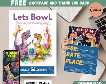 May include: Printable invitation and thank you card set featuring a dinosaur bowling theme. The invitation is purple and green with the text "Lets BowL" and "Join us for bowling fun!" The thank you card is blue and green with the text "James is 1!" and "Thank You Lets Party Lets Party".