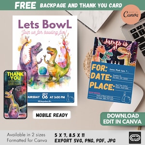 Bowling Party Invitation Template for Kids&#39; Birthday, Dinosaur Party Template, Editable Canva Design, Boy Invitation, Dino Birthday Template