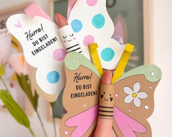 Finger Butterfly Invitation - PDF Print Template, Children's Birthday Invitation Card, Craft Template, Butterfly Lollipop Birthday Invitation