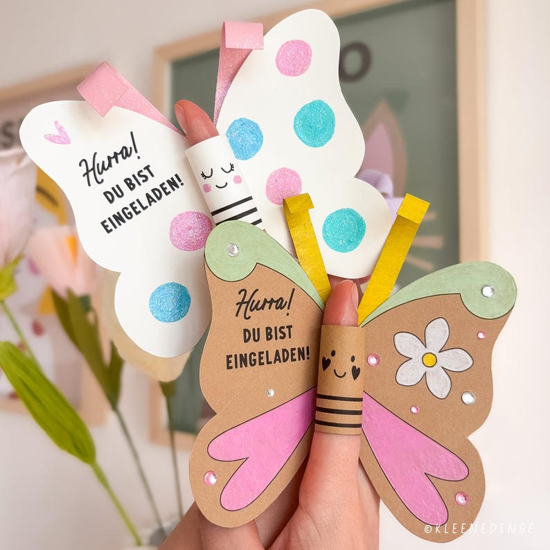 Einladung Kindergeburtstag Schmetterling mit Brauselippenstift (Lolli) zum Basteln – Druckvorlage zum Ausdrucken