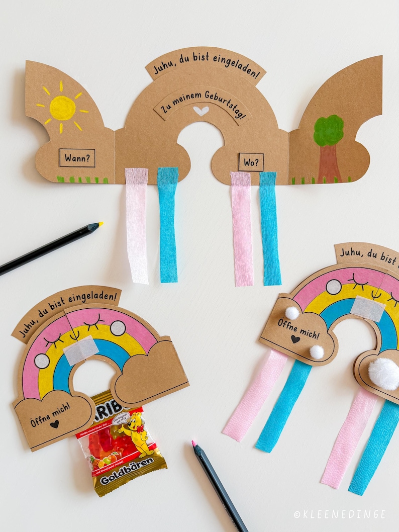 Bunte DIY-Regenbogen-Einladungskarte für den Kindergeburtstag – mit Süßigkeit oder Krepppapier