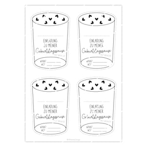 May include: Four printable black and white birthday party invitations with a glass of bubbly design. Each invitation has the text "Einladung zu meiner Geburtstagssause" with space to fill in the details of the party.